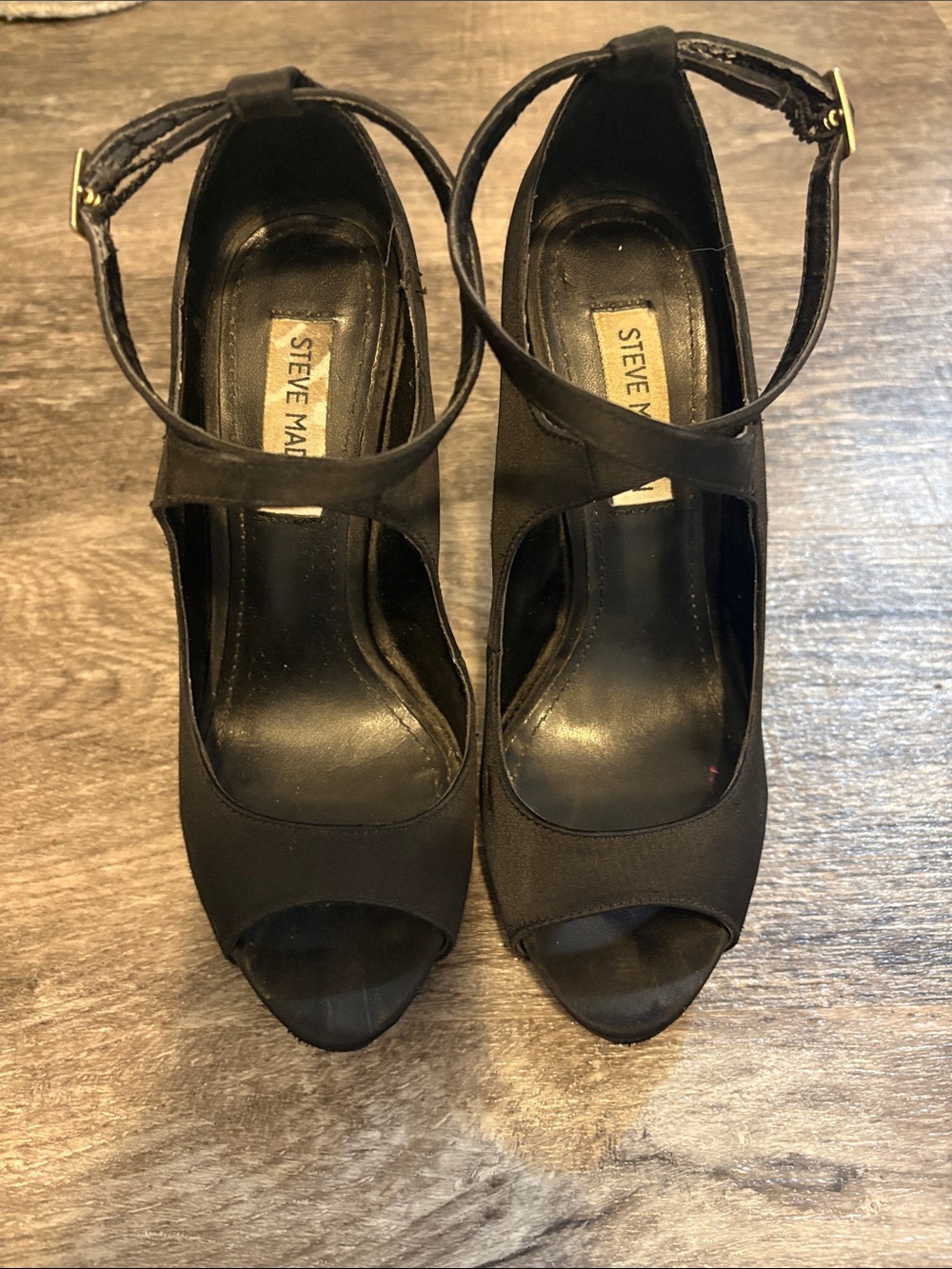 Steve Madden Black Satin Open-Toe Ankle-Strap Heels